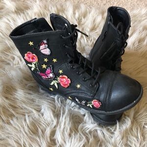 black combat boots w/ butterfly and flower patches